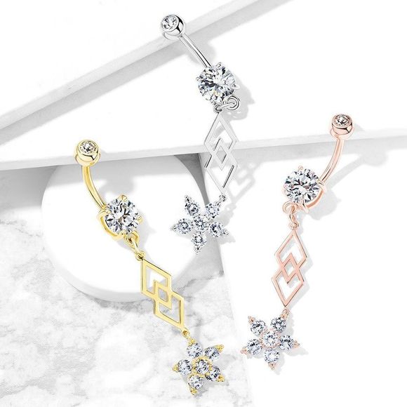 Jewelry - Six CZ Flower and Two Overlapping Diamonds Dangle 316L Surgical Steel Belly Butt